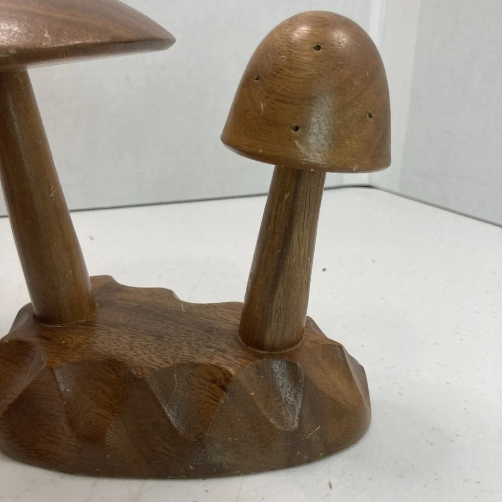 Vtg Mushroom MCM Monkey Pod Wood Tree Philippines 60s Appetizer Toothpick Holder